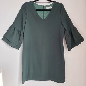 Belongsci Dark Green Loose Fit Shift Mini Dress 3/4 Tiered Bell Sleeve Size M
